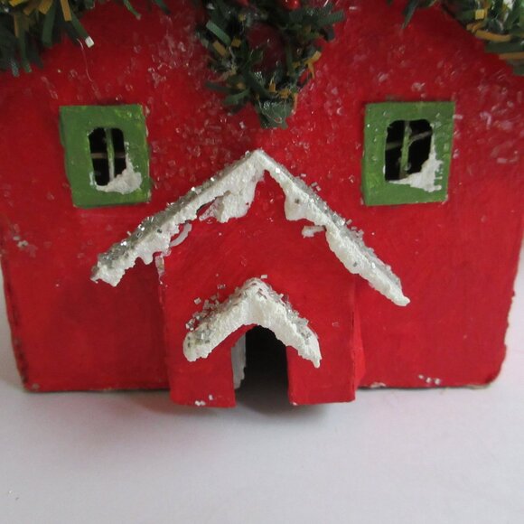 Handmade Putz Glitter Red House Retro Style Cardboard House Wreath Trim - Picture 4 of 11